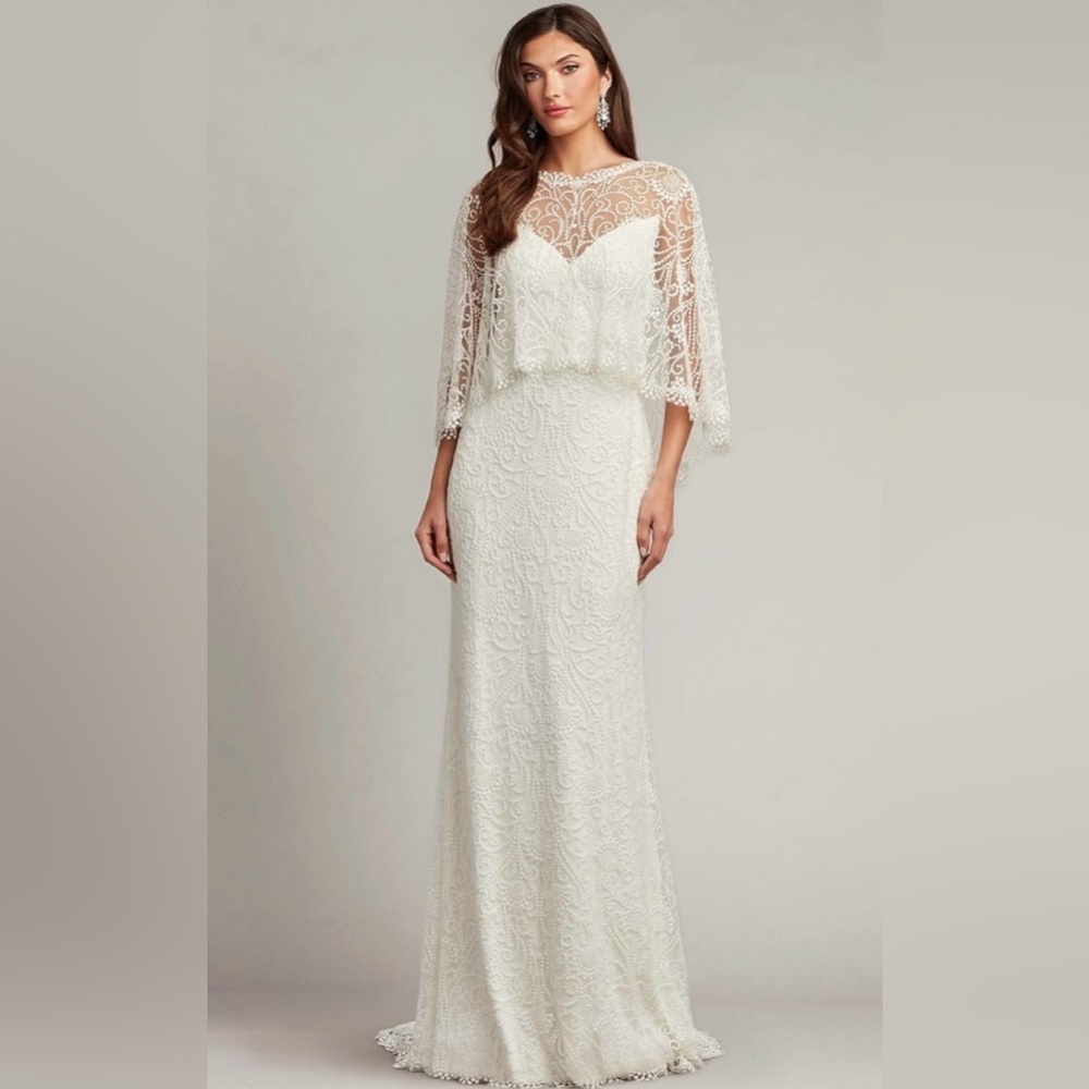 EAGEN DRAPED OVERLAY EMBROIDERED GOWN